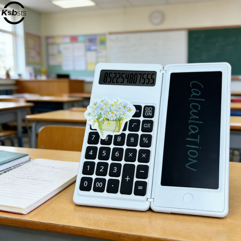 White 12 Digit Foldable Calculator And LCD Writing Board With Flower Sticker - Image 1