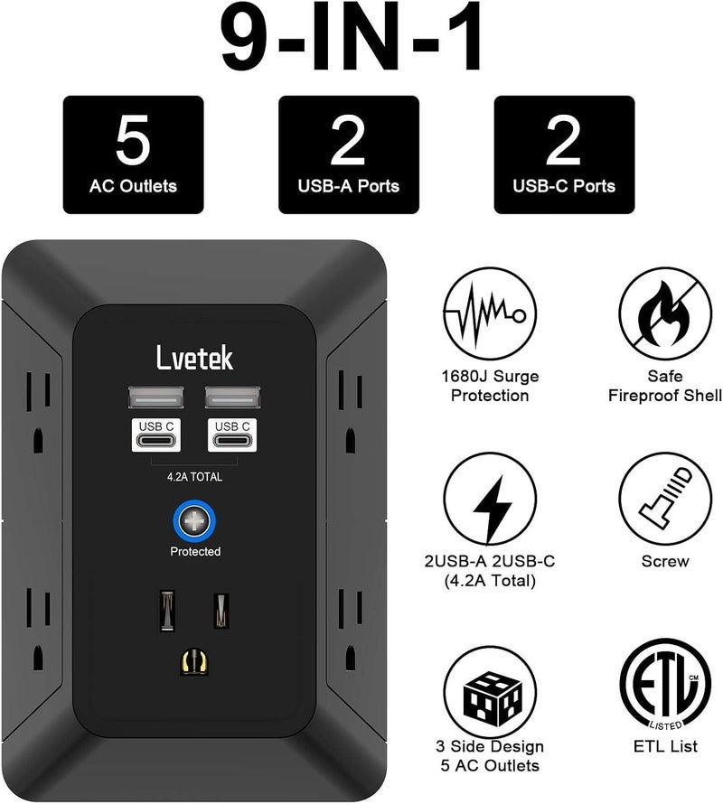Lvetek 3-Sided Outlet Extender, Surge Protector Outlet with 5-Multi Plug Wall Outlet and 4 USB Ports(2 USB C), USB Wall Charger Power Strip(1680J), Outlet Splitter for Home Travel Office, ETL Listed, Black - Image 2