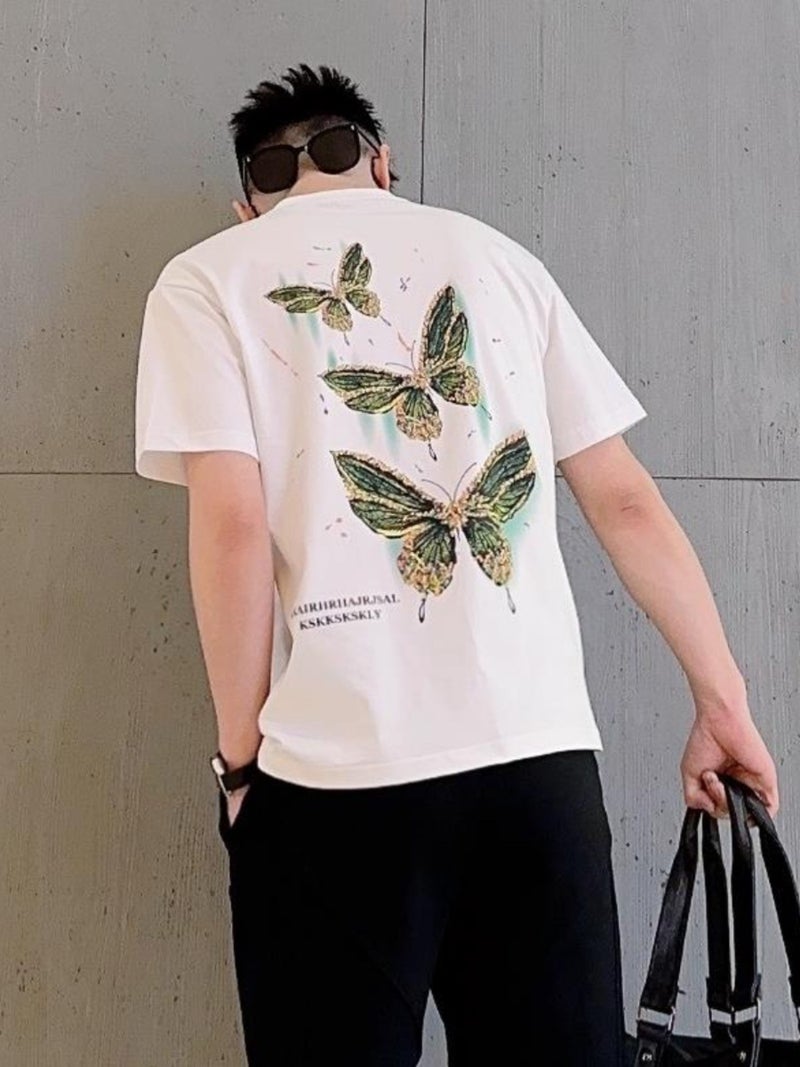 2024 Short-Sleeved T-Shirt Men'S Internet Celebrant Same Style Painted Butterfly Printed Half Sleeve Korean Casual Couple T-Shirt - Image 5