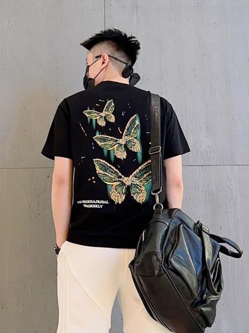 2024 Short-Sleeved T-Shirt Men'S Internet Celebrant Same Style Painted Butterfly Printed Half Sleeve Korean Casual Couple T-Shirt - Image 1