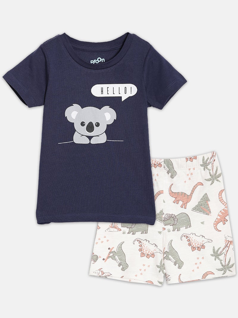Broon Infant Boys Navy and White Printed Organic Cotton T-shirt with Shorts Set - Image 1