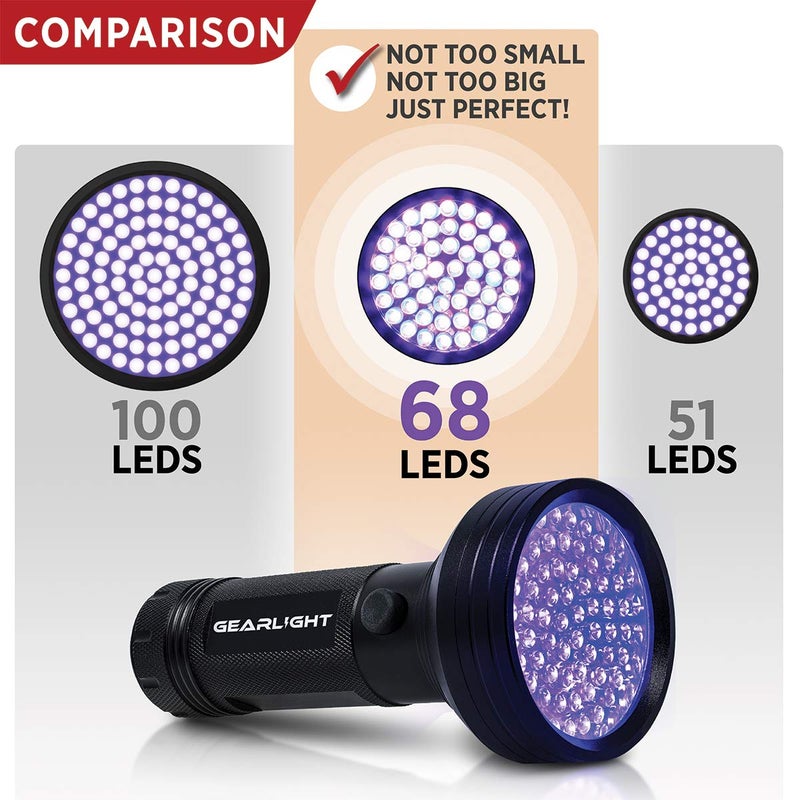 GearLight UV Flashlight with Batteries S68 Black Light - Portable, Handheld, 68 LED Blacklight Flashlights - Ultraviolet Lights for Pet Urine, Hotel Inspection and Bed Bug Detection - Image 2