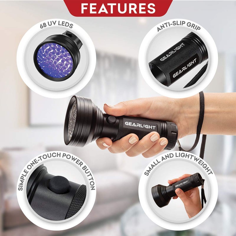 GearLight UV Flashlight with Batteries S68 Black Light - Portable, Handheld, 68 LED Blacklight Flashlights - Ultraviolet Lights for Pet Urine, Hotel Inspection and Bed Bug Detection - Image 3