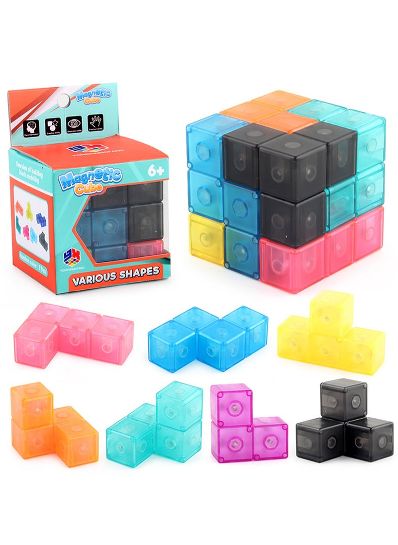 null - Educational toys 6cm magnetic building block Rubik's cube Russian cube Luban Rubik's cube three-order DIY Rubik's cube wooden block color random (B168-700 transparent magnetic building block Rubik's cube) - Image 1