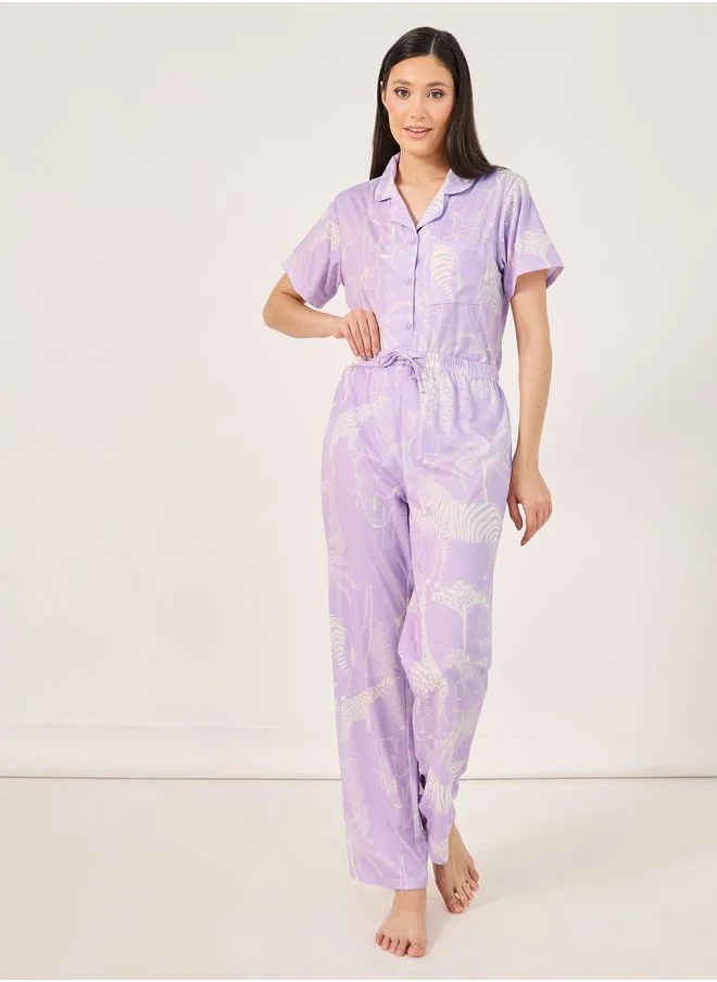 ستايلي Giraffe Wildlife Print Button Placket Shirt and Pyjama Set