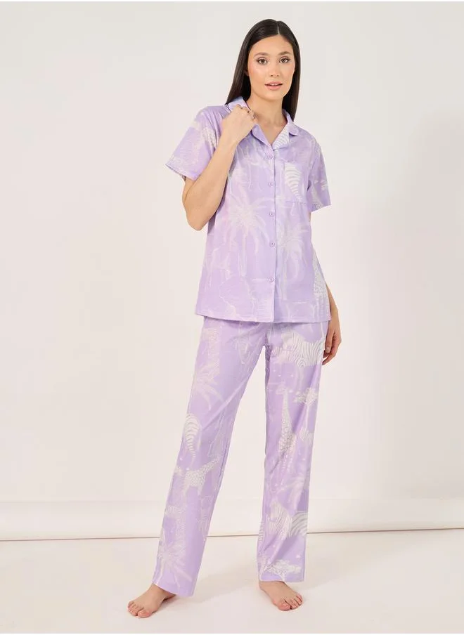 ستايلي Giraffe Wildlife Print Button Placket Shirt and Pyjama Set