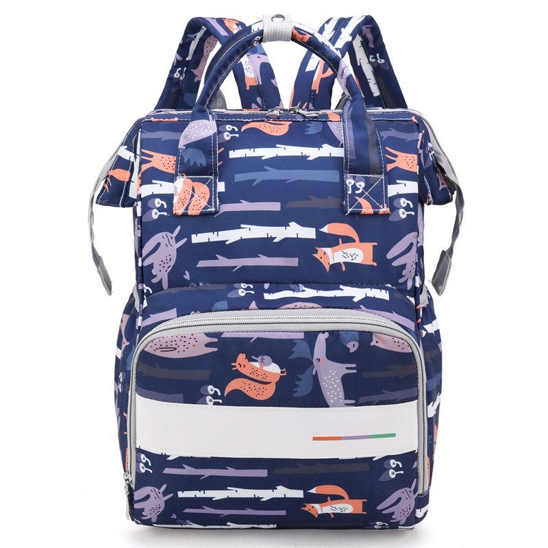 Cute Cartoon Forest Animals Print Multi-Pocket Diaper Backpack for Moms Navy Blue