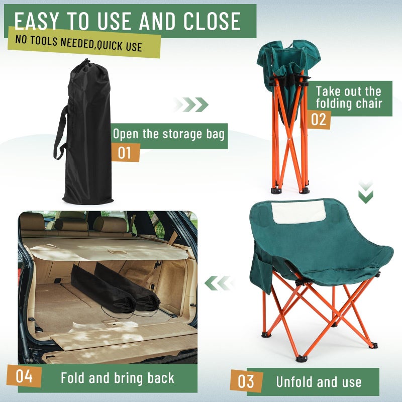 Seeloowy 2 Pack Compact Camping Chairs Portable Folding for Outside with Carry Bag Lightweight Moon Chairs for Travel Picnic Hiking Beach Fishing, 600D Oxford, Supports 330lbs(Green, Black) - Image 5