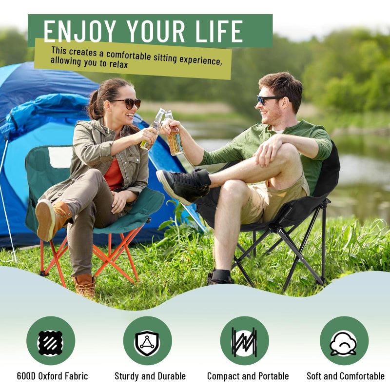 Seeloowy 2 Pack Compact Camping Chairs Portable Folding for Outside with Carry Bag Lightweight Moon Chairs for Travel Picnic Hiking Beach Fishing, 600D Oxford, Supports 330lbs(Green, Black) - Image 4