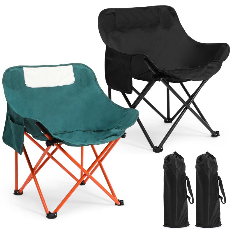 Seeloowy 2 Pack Compact Camping Chairs Portable Folding for Outside with Carry Bag Lightweight Moon Chairs for Travel Picnic Hiking Beach Fishing, 600D Oxford, Supports 330lbs(Green, Black) - Image 1