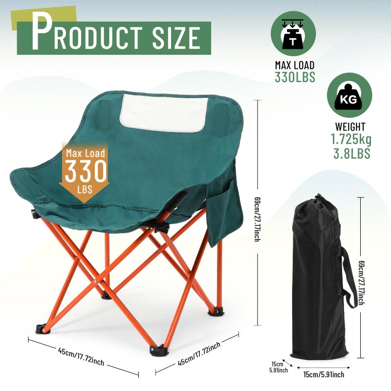 Seeloowy 2 Pack Compact Camping Chairs Portable Folding for Outside with Carry Bag Lightweight Moon Chairs for Travel Picnic Hiking Beach Fishing, 600D Oxford, Supports 330lbs(Green, Black) - Image 2