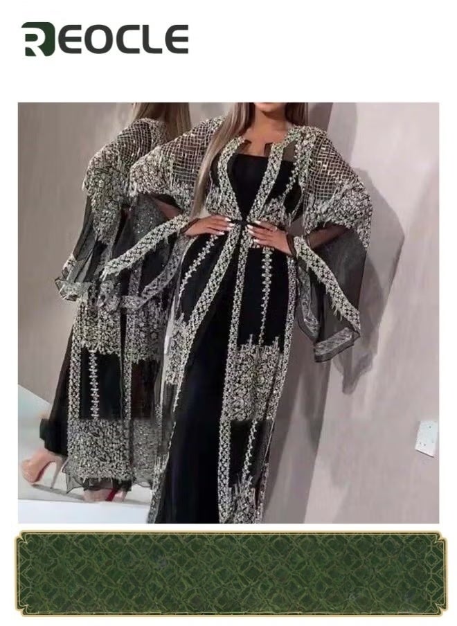 ريوكل فستان سهرة نسائي مكون من قطعتين بأكمام طويلة مزين بالترتر وفستان حفلات كوكتيل من التول - Image 1