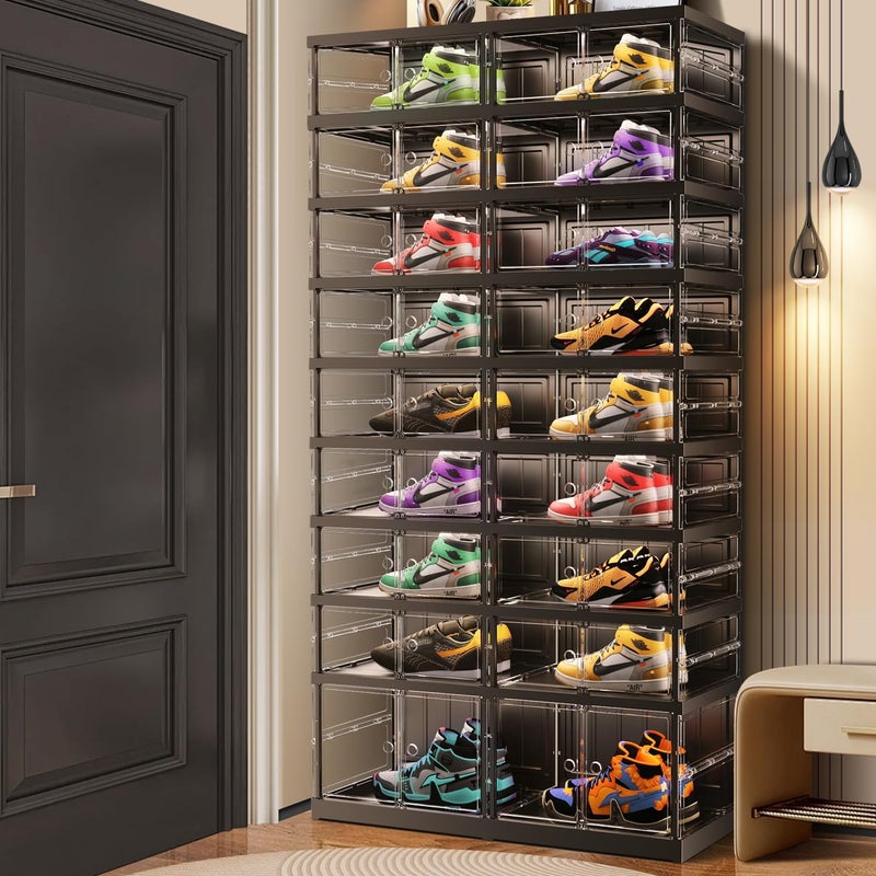 CIMLORD 9-Tier Foldable Shoe Rack for Closet Entryway 18-36Pairs,Stackable Clear Shoe Storage Boxes Organizer with Door Plastic Shoe Cabinet Bins with Lids Shoes Shelf Easy Assembly Large Black - Image 1