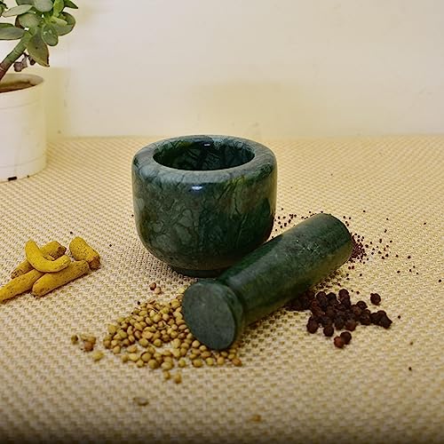 KunhaR Natural Green Marble Mortar and Pestle Set 3 x 2.5 Inches Full Polish – Imam Dasta Ohkli Musal Kharal Spice Grinder - Image 2