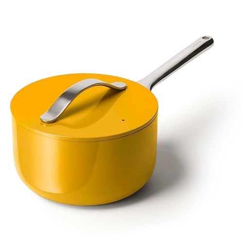 Caraway Nonstick Ceramic Sauce Pan with Lid 3 qt Non Toxic PTFE PFOA Free Oven Safe Compatible with All Stovetops Gas Electric Induction Marigold - Image 1
