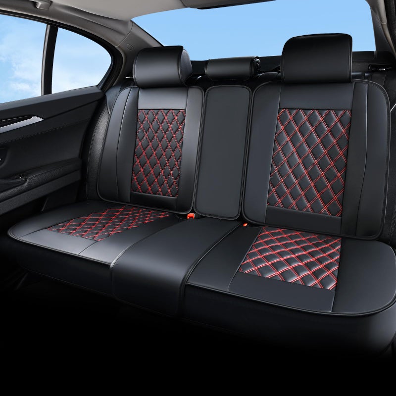 Huidasource Rear Bench Car Seat Covers, Split Back Leather Seat Cover, Automotive Interior Car Seat Cover Protector Universal Fit for Most Cars Sedan SUV Pickup Truck (Back Row/Black&Red) - Image 1
