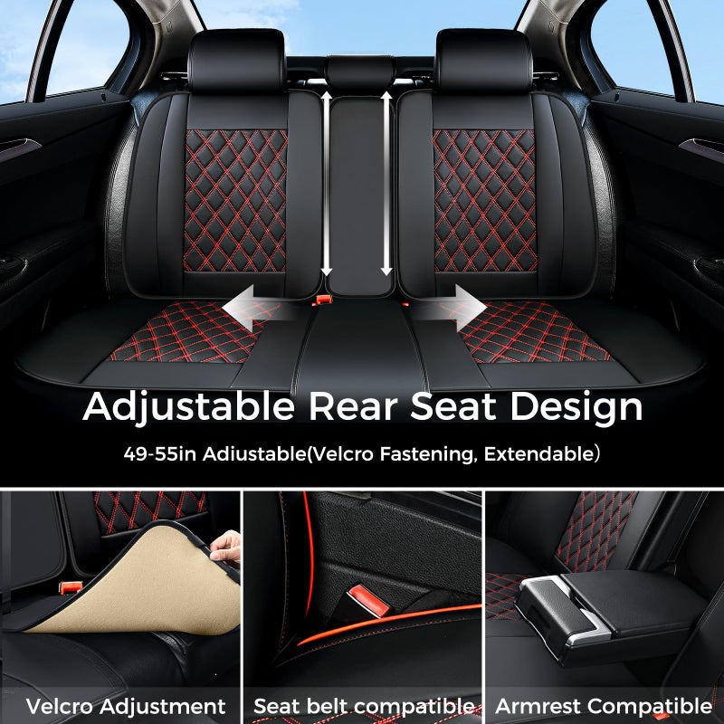 Huidasource Rear Bench Car Seat Covers, Split Back Leather Seat Cover, Automotive Interior Car Seat Cover Protector Universal Fit for Most Cars Sedan SUV Pickup Truck (Back Row/Black&Red) - Image 3
