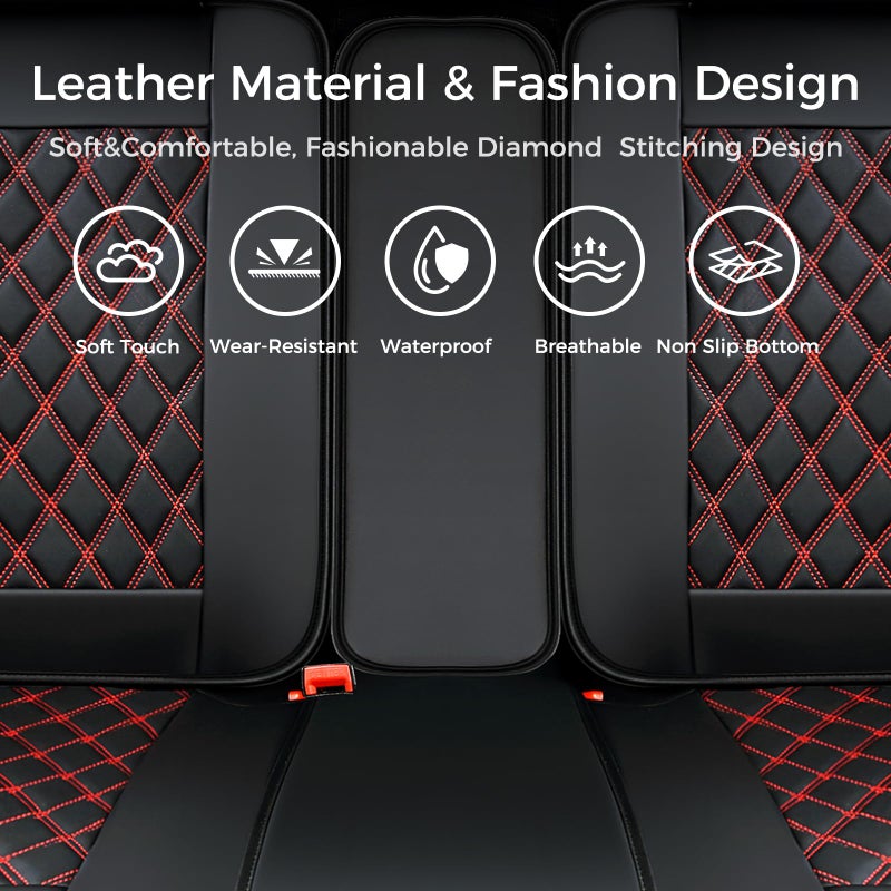 Huidasource Rear Bench Car Seat Covers, Split Back Leather Seat Cover, Automotive Interior Car Seat Cover Protector Universal Fit for Most Cars Sedan SUV Pickup Truck (Back Row/Black&Red) - Image 4