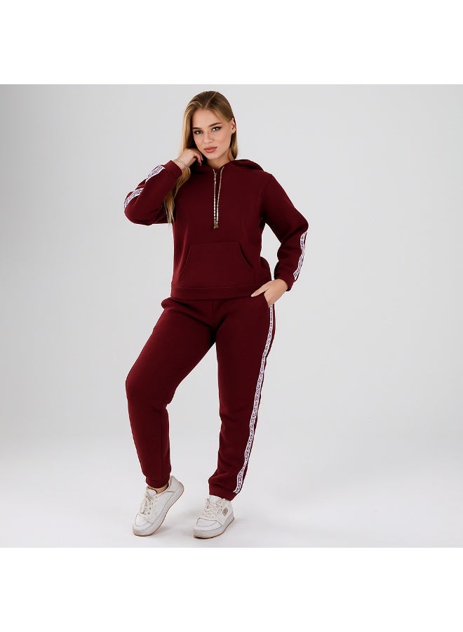 zecotex  Women's Winter Tracksuit Set - Cotton Fleece Hoodie with Zip and Jogger Pants - Dark Burgundy - Image 1