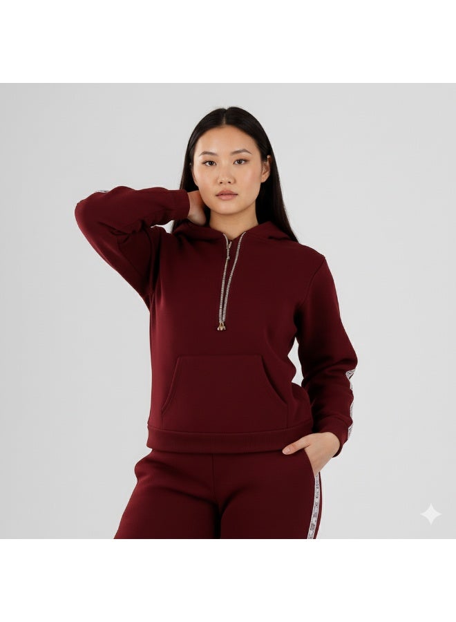 zecotex  Women's Winter Tracksuit Set - Cotton Fleece Hoodie with Zip and Jogger Pants - Dark Burgundy - Image 3