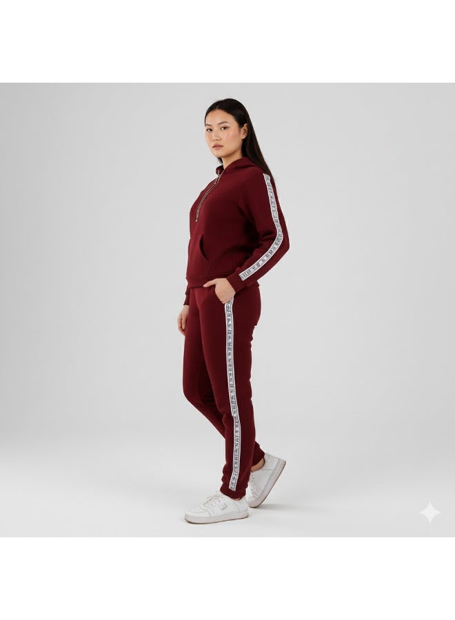 zecotex  Women's Winter Tracksuit Set - Cotton Fleece Hoodie with Zip and Jogger Pants - Dark Burgundy - Image 4