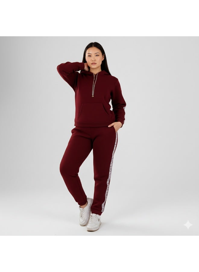 zecotex  Women's Winter Tracksuit Set - Cotton Fleece Hoodie with Zip and Jogger Pants - Dark Burgundy - Image 2