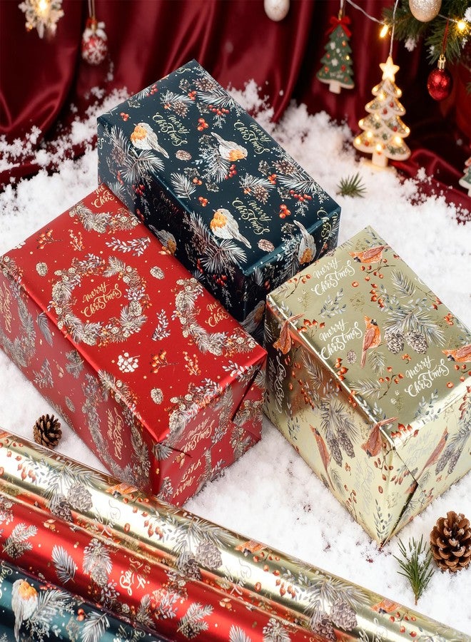 LDGOOAEL لفائف ورق تغليف هدايا عيد الميلاد الصغيرة من LDGOOAEL (17 بوصة × 120 بوصة) - خطوط قطع سهلة التقطيع على الجهة الخلفية، ألوان أحمر وذهبي وأخضر، مزينة برسومات طائر أبو الحناء/الكاردينال/الزينة/مخاريط الصنوبر مع لمعة معدنية، مناسبة للهدايا الصغيرة والمتوسطة. - Image 5