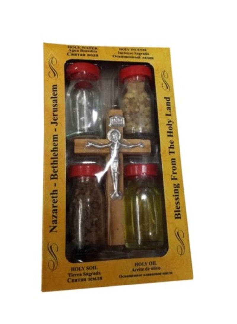 Bethlehem Gifts TM Bethlehem Gifts TM 1 X Holy WaterEarthIncenseOil  Genuine Olive Wood Cross from The Holy Land 5 in 1 Set 