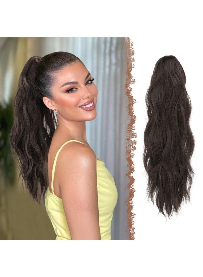 فيشبن وصلات ذيل الحصان، مشبك ذيل حصان طويل، قطعة شعر صناعية متموجة طبيعية للنساء، 20 بوصة، بني غامق - Image 1