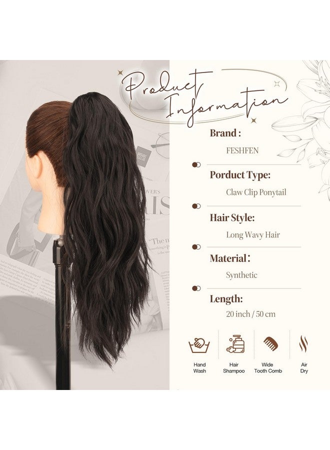 فيشبن وصلات ذيل الحصان، مشبك ذيل حصان طويل، قطعة شعر صناعية متموجة طبيعية للنساء، 20 بوصة، بني غامق - Image 4