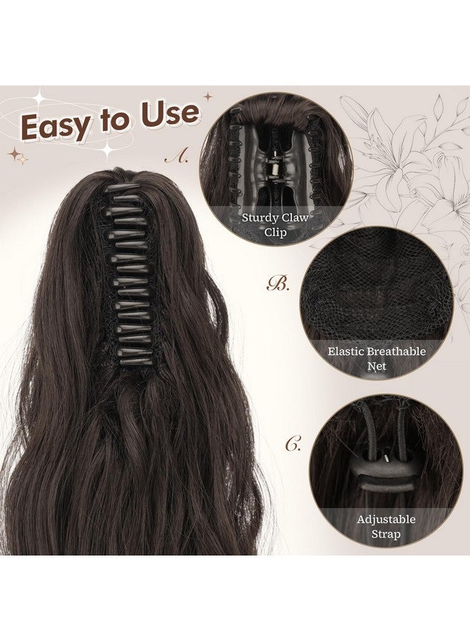 فيشبن وصلات ذيل الحصان، مشبك ذيل حصان طويل، قطعة شعر صناعية متموجة طبيعية للنساء، 20 بوصة، بني غامق - Image 3