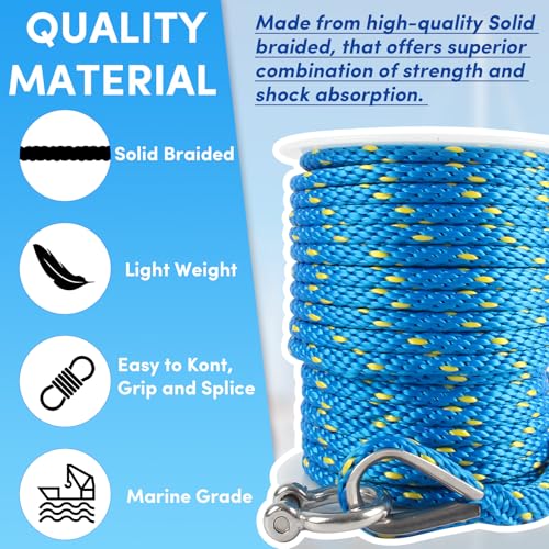 VEITHI Premium Anchor Rope 50 ft x 1/2 inch, Solid Braid MFP Anchor Line Marine Rope with Thimble & Shackle - Blue/Yellow - Image 4