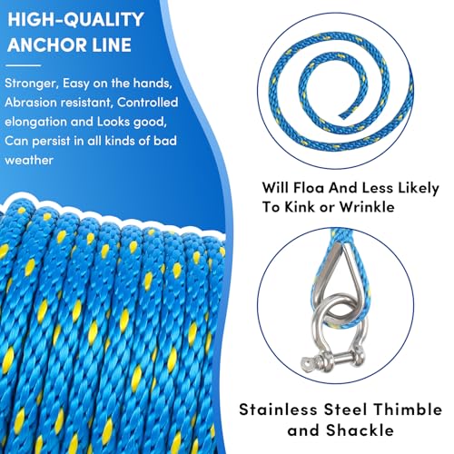 VEITHI Premium Anchor Rope 50 ft x 1/2 inch, Solid Braid MFP Anchor Line Marine Rope with Thimble & Shackle - Blue/Yellow - Image 3