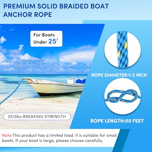 VEITHI Premium Anchor Rope 50 ft x 1/2 inch, Solid Braid MFP Anchor Line Marine Rope with Thimble & Shackle - Blue/Yellow - Image 2