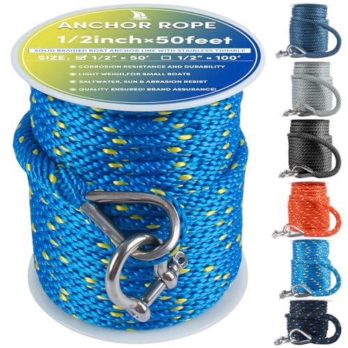 VEITHI Premium Anchor Rope 50 ft x 1/2 inch, Solid Braid MFP Anchor Line Marine Rope with Thimble & Shackle - Blue/Yellow - Image 1
