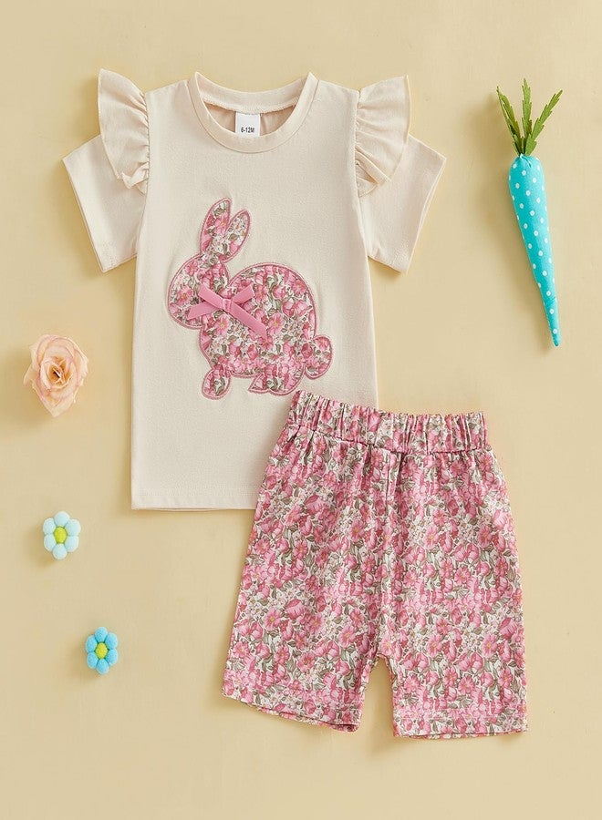 Socutebabe Toddler Infant Baby Girl Easter Outfit Bunny Floral Short Sleeve Shirt Tops Shorts Set Cute Summer Clothes (Pink, 12-18 Months) - Image 2