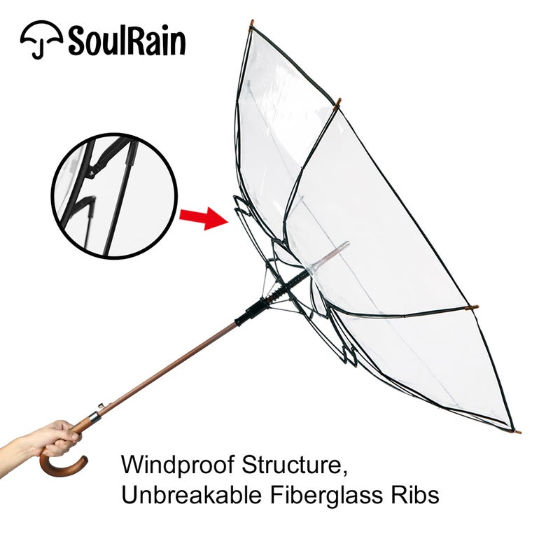 SoulRain 48" Clear Bubble Umbrella â€“ Large Transparent Umbrella for Rain, Windproof & Automatic Open, Wedding Umbrellas for Women & Men, Vintage Stick Cane with Wooden Handle(Clear) - Image 5