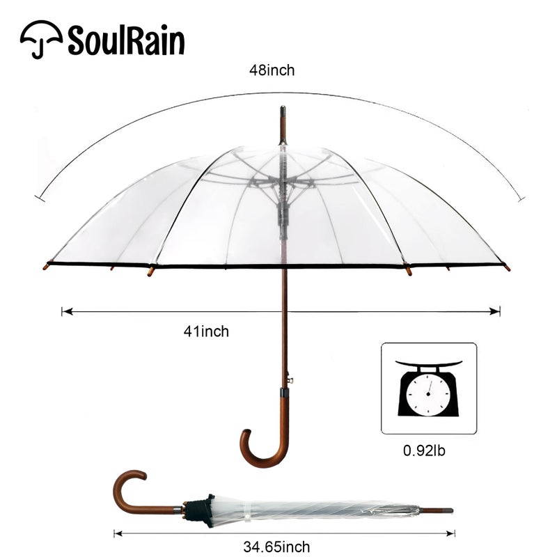 SoulRain 48" Clear Bubble Umbrella â€“ Large Transparent Umbrella for Rain, Windproof & Automatic Open, Wedding Umbrellas for Women & Men, Vintage Stick Cane with Wooden Handle(Clear) - Image 4