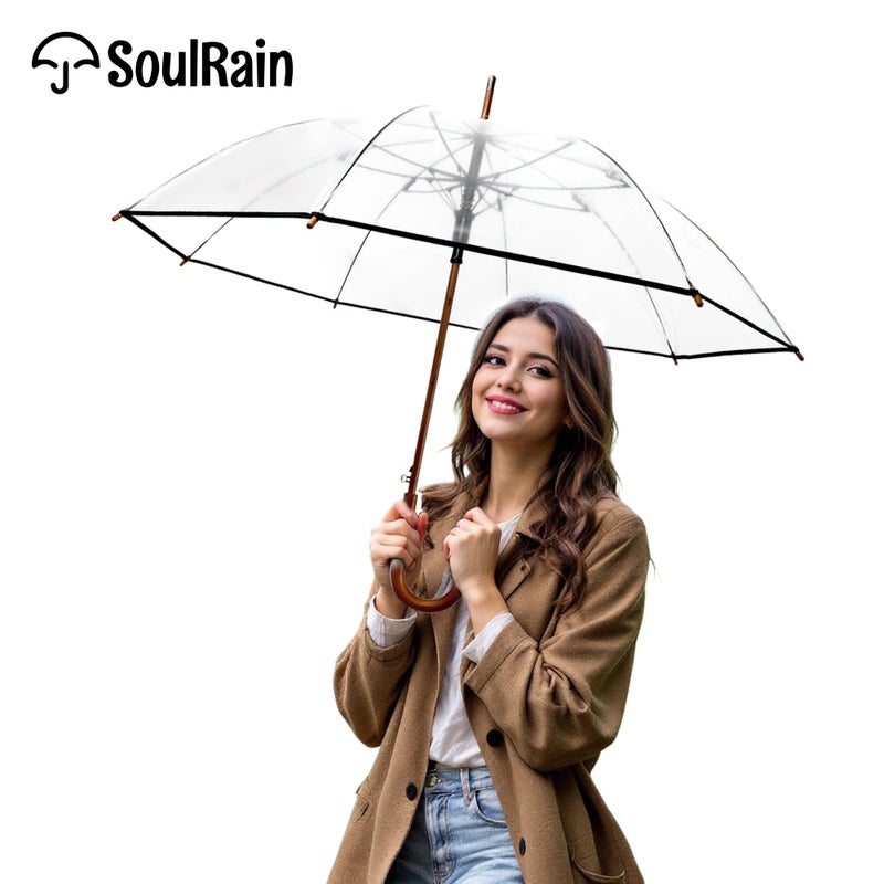 SoulRain 48" Clear Bubble Umbrella â€“ Large Transparent Umbrella for Rain, Windproof & Automatic Open, Wedding Umbrellas for Women & Men, Vintage Stick Cane with Wooden Handle(Clear) - Image 3