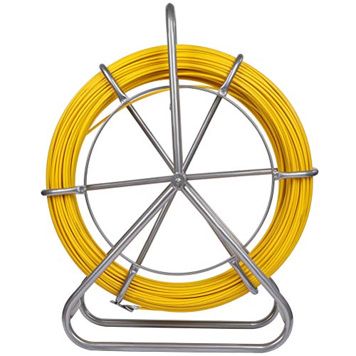 FAHKNS 425FT Fish Tape Fiberglass 1/4 inch(6MM) Fishing Wire Puller Duct Rodder Cable Running Electrical Fishtape Tool Rod with Steel Reel Stand Through Wall Pipe Length Marking in Meter - Image 1