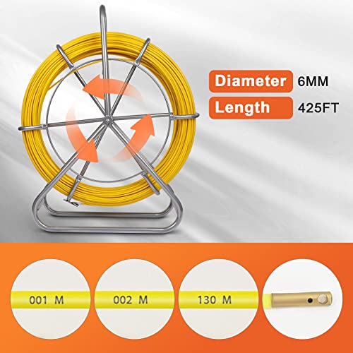 FAHKNS 425FT Fish Tape Fiberglass 1/4 inch(6MM) Fishing Wire Puller Duct Rodder Cable Running Electrical Fishtape Tool Rod with Steel Reel Stand Through Wall Pipe Length Marking in Meter - Image 3