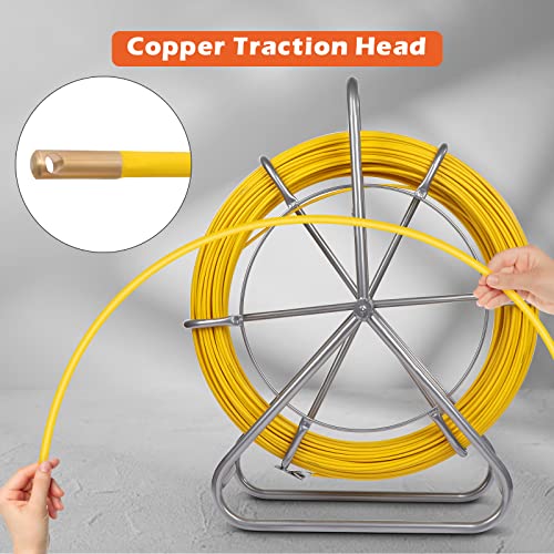 FAHKNS 425FT Fish Tape Fiberglass 1/4 inch(6MM) Fishing Wire Puller Duct Rodder Cable Running Electrical Fishtape Tool Rod with Steel Reel Stand Through Wall Pipe Length Marking in Meter - Image 2