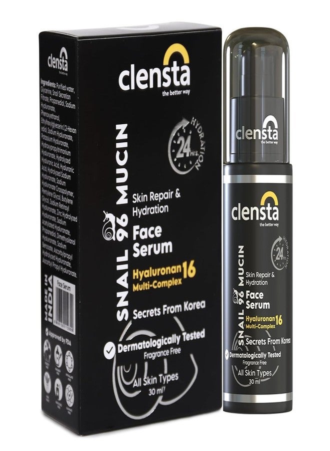 Clensta Snail 96 Mucin Skin Repair Face Serum with 24 Hours Hydration | Korean Skincare | 96% Active Snail Secretion Filtrate | For Skin Repair & Hydration | For Women & Men All Skin Types | 30 ml - Image 1