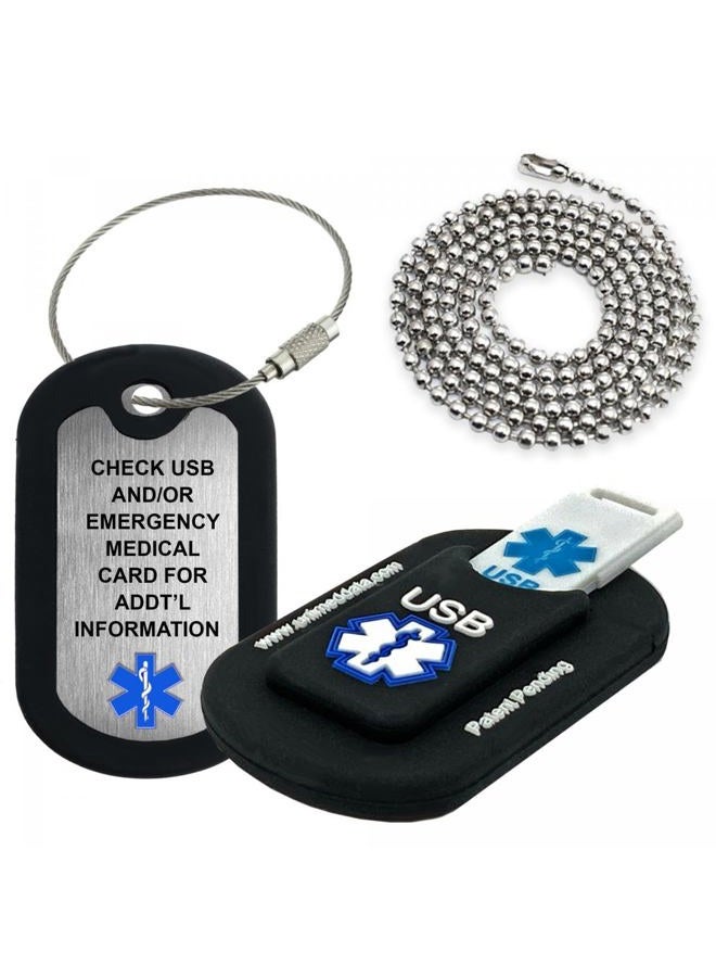 Universal Medical Data Black Informer Lite Medical Alert Dog Tag. Includes: 2GB USB, Pre-Engraved Stainless-Steel Dog Tag, 27" Chain and Key Ring Wire Rope. Complimentary Access PHR (Personal Health Record) - Image 1