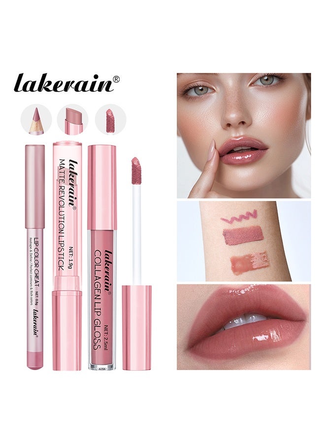 lakerain Mini Lip Kit -  3 In 1 Smooth Lipliner Lipgloss and Lipstick Set ,Nude Matte Velvet Liquid Lipstick Hydrating Moisturizing Lip Gloss and Creamy Lip Liner (#01) - Image 5