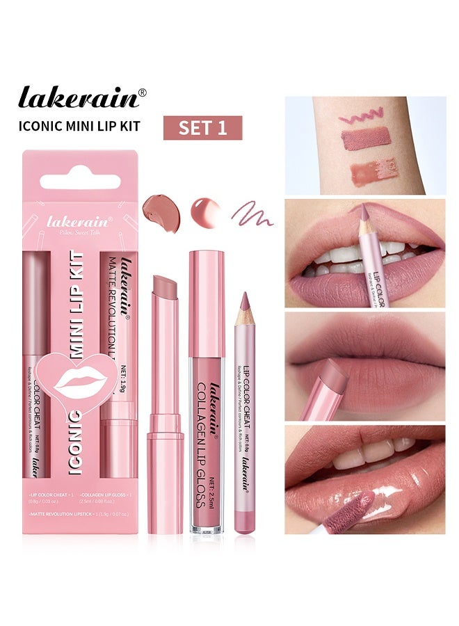 lakerain Mini Lip Kit -  3 In 1 Smooth Lipliner Lipgloss and Lipstick Set ,Nude Matte Velvet Liquid Lipstick Hydrating Moisturizing Lip Gloss and Creamy Lip Liner (#01) - Image 1