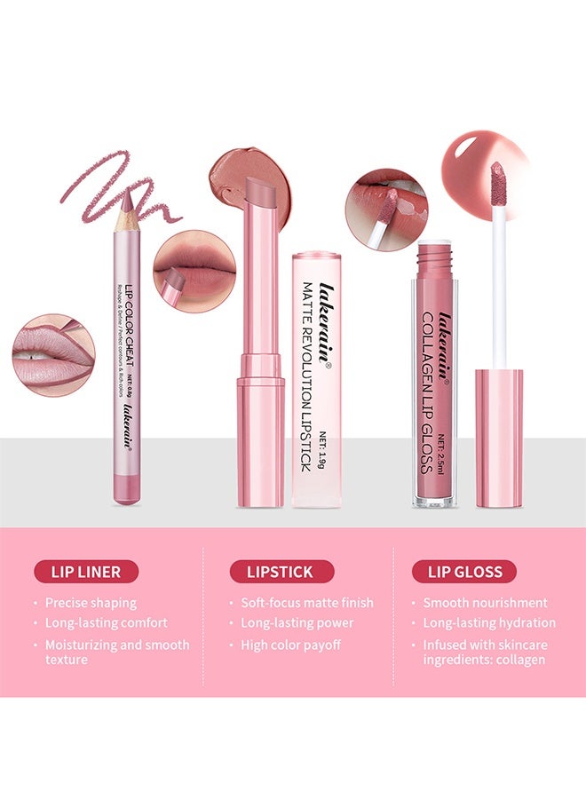 lakerain Mini Lip Kit -  3 In 1 Smooth Lipliner Lipgloss and Lipstick Set ,Nude Matte Velvet Liquid Lipstick Hydrating Moisturizing Lip Gloss and Creamy Lip Liner (#01) - Image 3