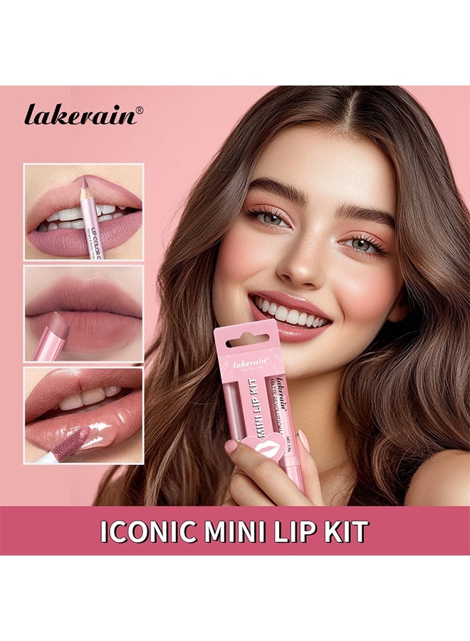 lakerain Mini Lip Kit -  3 In 1 Smooth Lipliner Lipgloss and Lipstick Set ,Nude Matte Velvet Liquid Lipstick Hydrating Moisturizing Lip Gloss and Creamy Lip Liner (#01) - Image 2