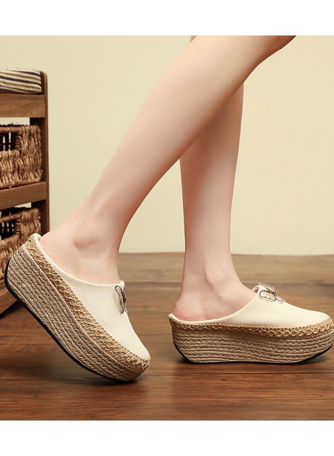 ZCM-HAPPY Women's Retro Ethnic Embroidered Half Slippers, 3.5 cm Height, Outdoor-Friendly Footwear - Image 2