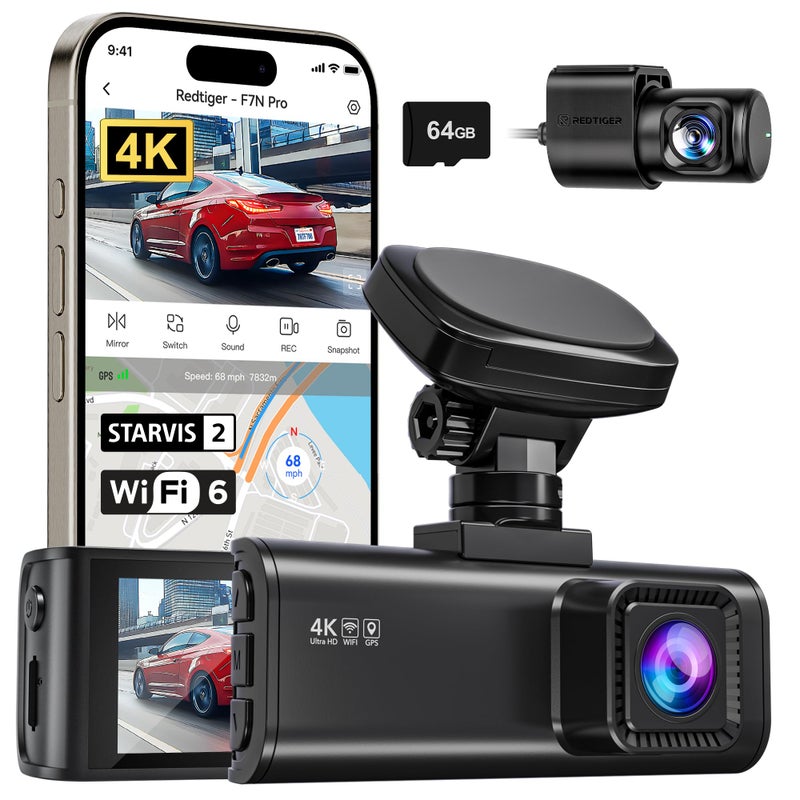 REDTIGER 4K Dash Cam Front and Rear, STARVIS 2 Sensor, 64GB Card Included, 4K/2.5K+1080P Dual Dash Camera for Cars Built-in WiFi GPS, 3.18 Inch IPS Screen, 170Â° Wide Angle, Parking Monitor (F7N Pro) - Image 1